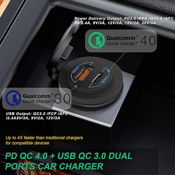 12V USB Outlet - 90W(Max) Dual Ports QC4.0 PD & Quick Charge3.0 Car Charger Socket with LED Indicator - Waterproof USB C Port for Car Boat Marine Motorcycle RV Truck ATV Golf Cart