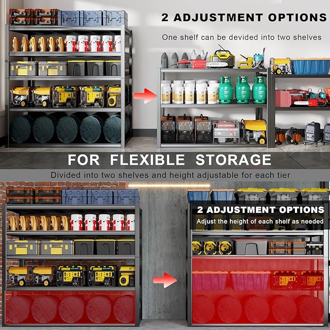 65" W Heavy Duty Garage Shelving, 84" H Garage Storage Shelves, 5 Tier Metal Shelving Unit, Adjustable Commercial Shelving, 2 Pack