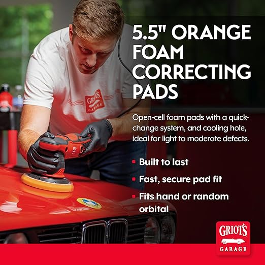 Griot's Garage Orange Foam Correcting Pads for Car Polishing and Detailing, Removes Light to Moderate Paint Defects, Durable, Machine-Washable, 10516, 5.5", Set of 2