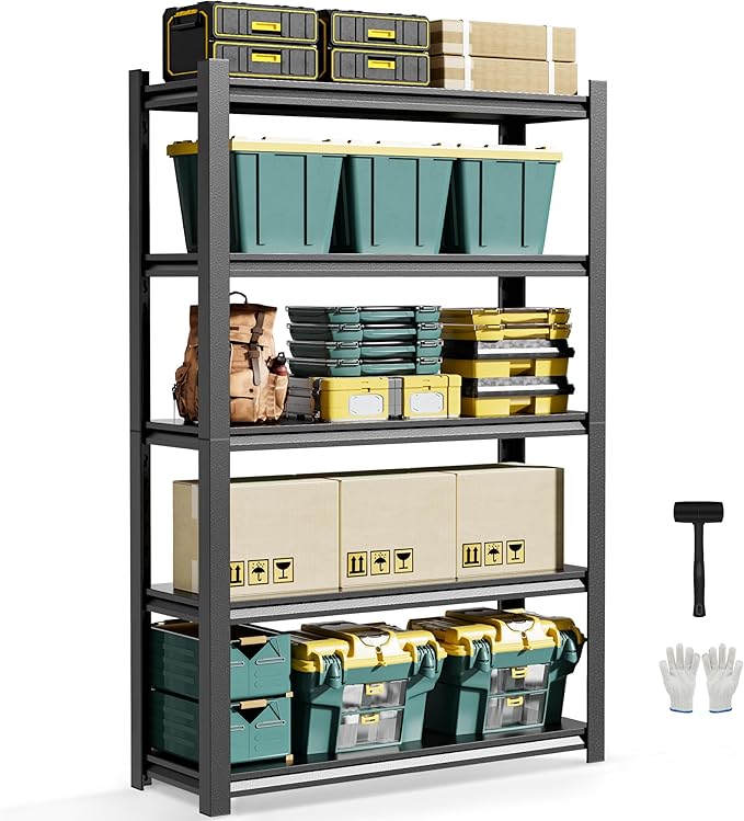 JHYKHG 72" H Storage Shelves,5-Tier Heavy Duty Garage Shelving,Adjustable Shelving Unit,Metal Shelf,Boltless Assembly Rack for Warehouse,Shed,3,000 lb Load,20 x 48 x 72 Inches,Black