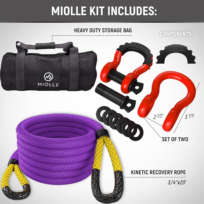 MiolleGear Kinetic Recovery Tow Ropes for Any Recovery Situation (Purple/Yellow, 3/4x20)
