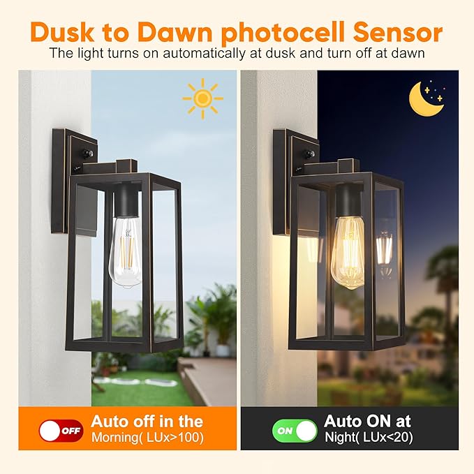 PARTPHONER Black Exterior Light Fixtures Wall Mount with Gold Rim, Dusk to Dawn Outdoor Porch Lights Lamp, Sensor Wall Sconce, Waterproof Outdoor Lantern for House Doorway, Garage 2 Pack