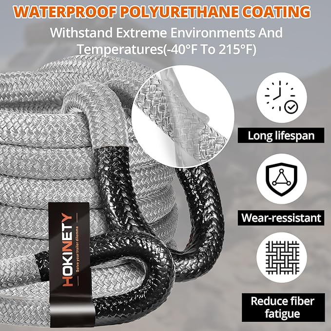 Kinetic Recovery Tow Rope 1-1/8" x20ft Offroad Snatch Strap 48000lbs Heavy Duty Towing Straps Kit for Trucks SUV UTV ATV Tractor Car Jeep - Solid Gray