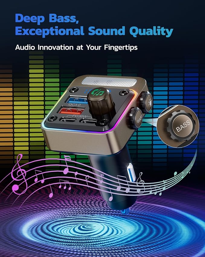 Nulaxy 54W Bluetooth 5.3 Car Adapter with 4 Charging Ports [PD 36W & QC3.0 18W], Wireless Radio FM Transmitter with Deep Bass Player & 5 Colors LED Backlit, Hands-Free Calling - Gold