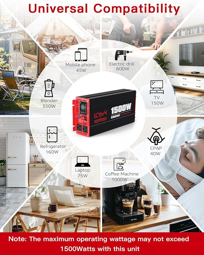 1500 Watt Pure Sine Wave Power Inverter DC 12V to AC 110/120V with Dual Outlets USB-C 30W USB-QC 18W Fast Car Charger Adapter LCD Display and Remote Control Converter for Off-Grid Home RV Solar System
