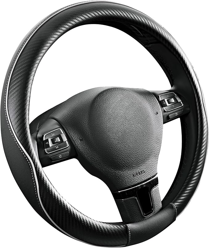 PIC AUTO Steering Wheel Cover, Gray Piping Leather, Sports Carbon Fiber and Super Breathable Leather, Universal 14.5-15.5 Inch Anti-Slip Steering Wheels Accessories for Men & Women