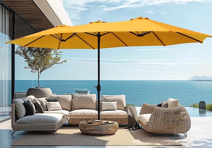 PHI VILLA 15ft Large Patio Umbrellas with Base Included, Outdoor Double-Sided Rectangle Market Umbrella with Stand, Outside Umbrellas for Poolside Lawn Garden, Golden Yellowwith