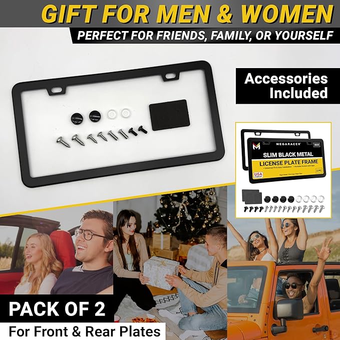 Premium Slim Matte Black License Plate Frames – 2 Pack, Rust-Free Stainless Steel & Rattle-Free, Street Legal, Universal with Screw Caps Cover, Thin Metal Front & Rear Car Tag Holders for Men & Women