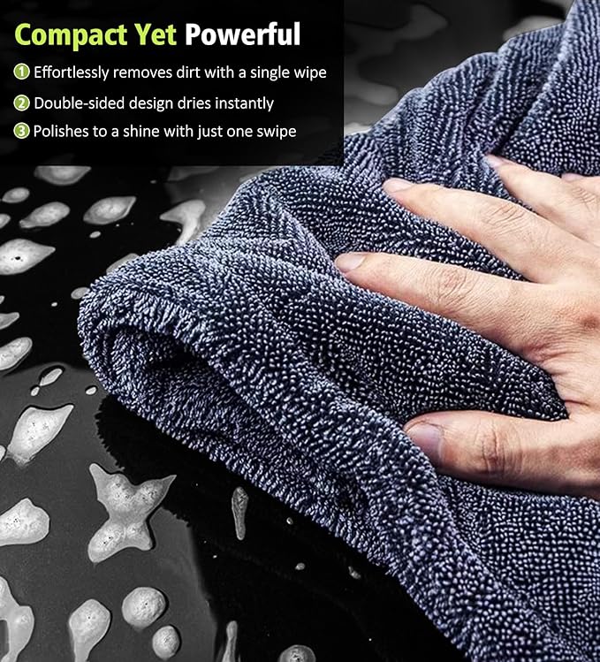 2-Pack Car Drying Towels, 16"x 16" Microfiber Drying Towel for Car Detailing, 1400 GSM High Absorbent Edgeless Streak Free Car Wash Drying Towels for Car Truck SUV, Green&Gray
