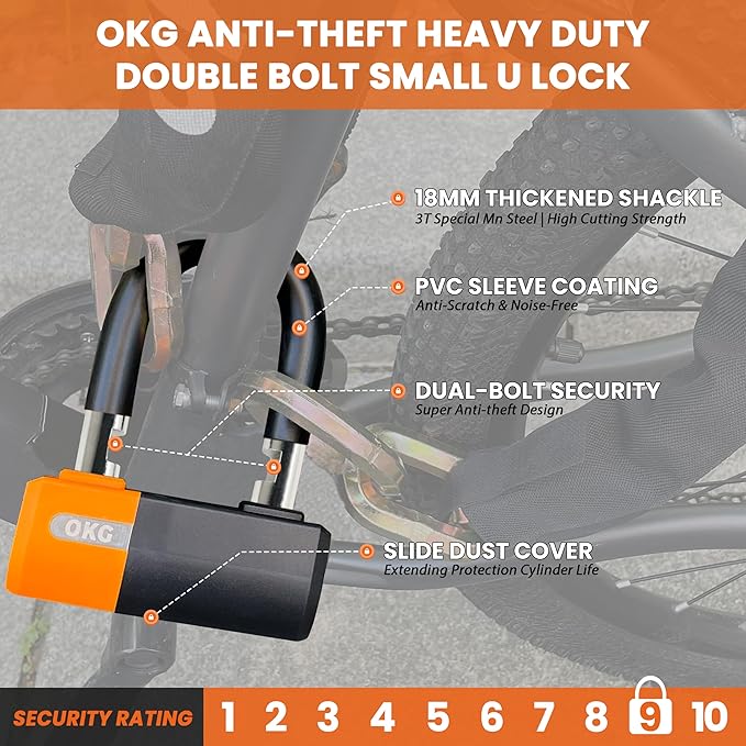 OKG Heavy Duty Small U Lock – 18mm Anti-Cut Manganese Alloy Steel U-Shackle | Dual-Deadbolt Anti Theft Motorcycle Lock for eBike/ATV/Trailer | Drill-Proof & Weatherproof (4 Keys, No Security Chain)