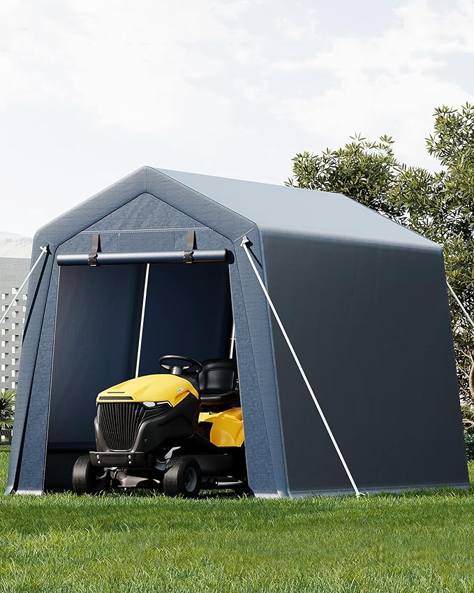 7*10F Outdoor Storage Shed with Floor, Heavy Duty Waterproof PE Tarp, Portable Metal Carport Garage Tent, 2 Roll-Up Doors & Vents, for Motorcycle and Bike Storage, Garden Tool Shed, Small Outdoor Shed