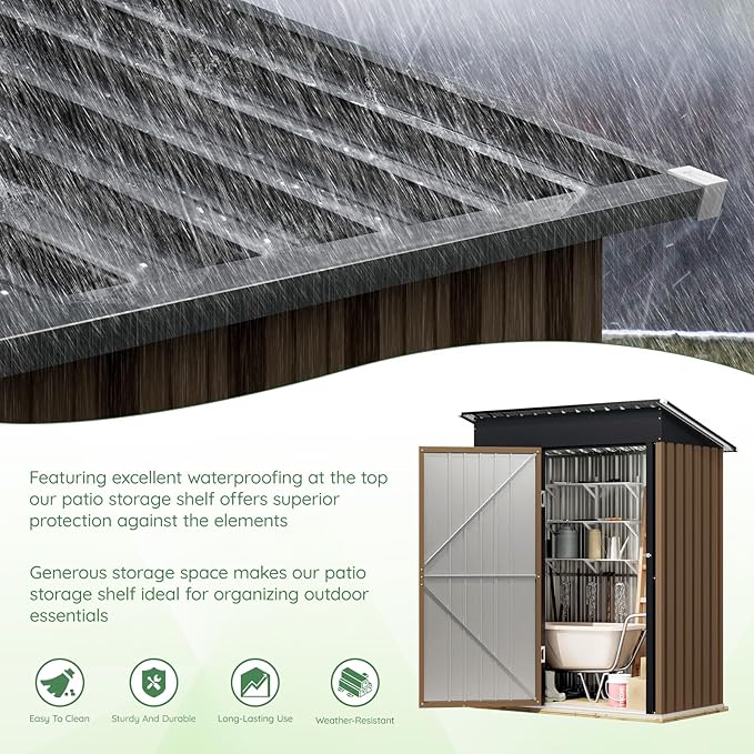 5X3FT Outdoor Steel Storage Shed with Lockable Doors, One Window,Ideal for Garden, Backyard, Patio Storage,Brown