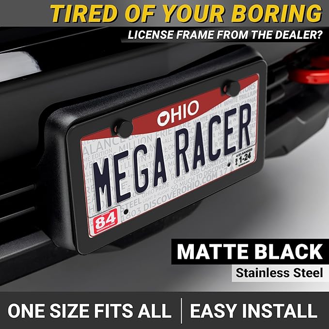 Premium Slim Matte Black License Plate Frames – 2 Pack, Rust-Free Stainless Steel & Rattle-Free, Street Legal, Universal with Screw Caps Cover, Thin Metal Front & Rear Car Tag Holders for Men & Women
