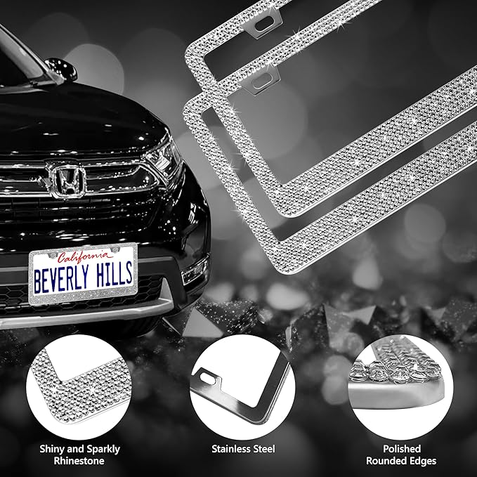 2 Pack Silver Bling License Plate Frames for Women - Stainless Steel with Diamond Sparkly Rhinestone License Plate Holder - Perfect Birthday for Auto Lovers