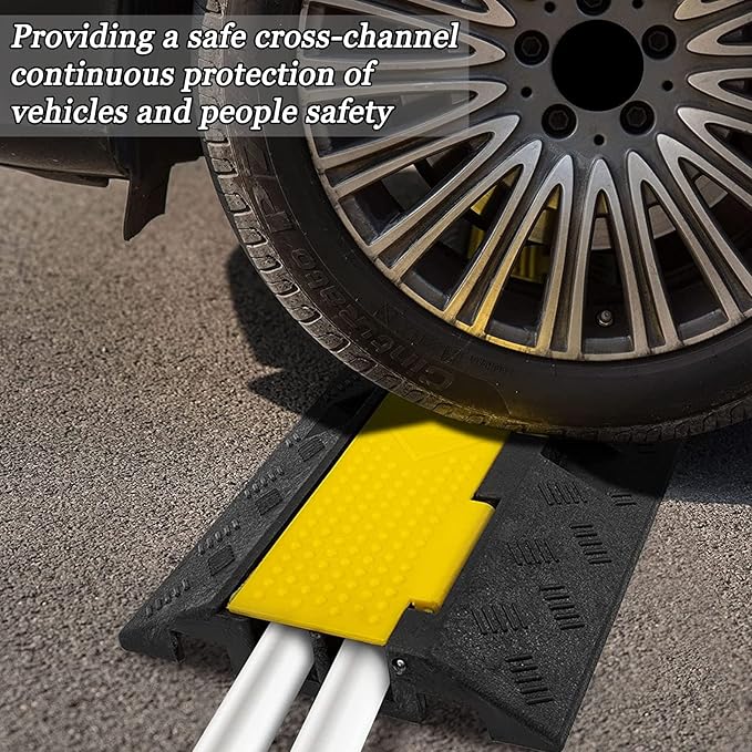 CXRCY Cable Ramp 4 Pack 2 Channel 11000lbs axle Capacity Floor Cable Cord Protector, Black & Yellow Speed Bumps Hose Protector Ramps for Wire/Hose/Pipe Hider Driveway &Outdoor 40x10x2 inch(L x W x H)