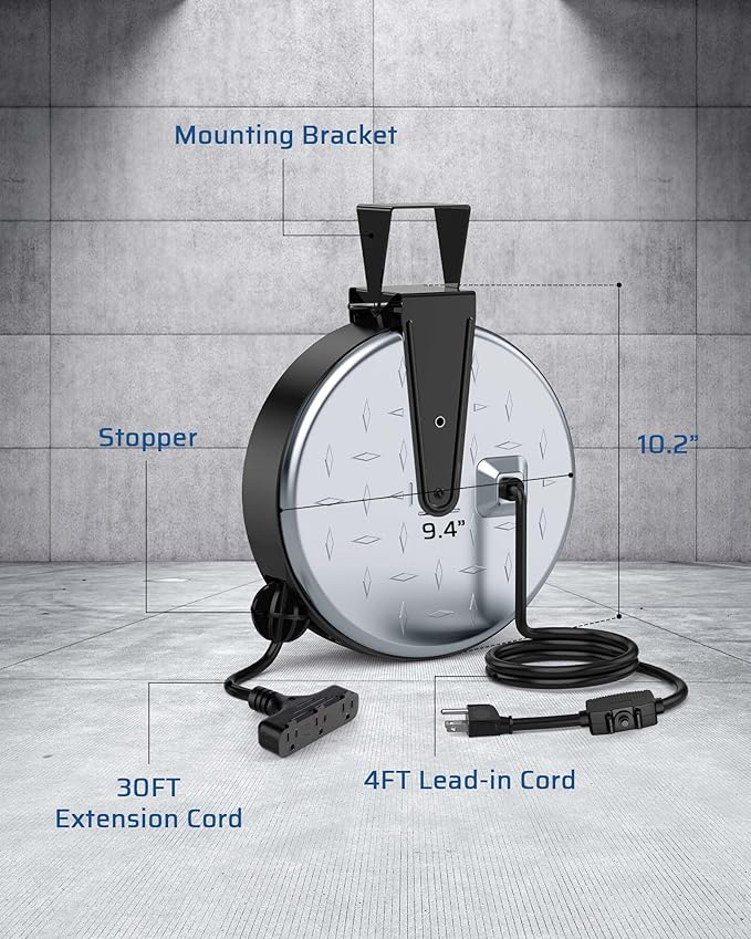 DEWENWILS Metal Extension Cord Reel,30FT Retractable Extension Cord, 16AWG/3C SJTW Power Cord, 3 Electrical Outlets, 10A Circuit Breaker, Wall or Ceiling Mountable for Workshop, Garage, UL Listed