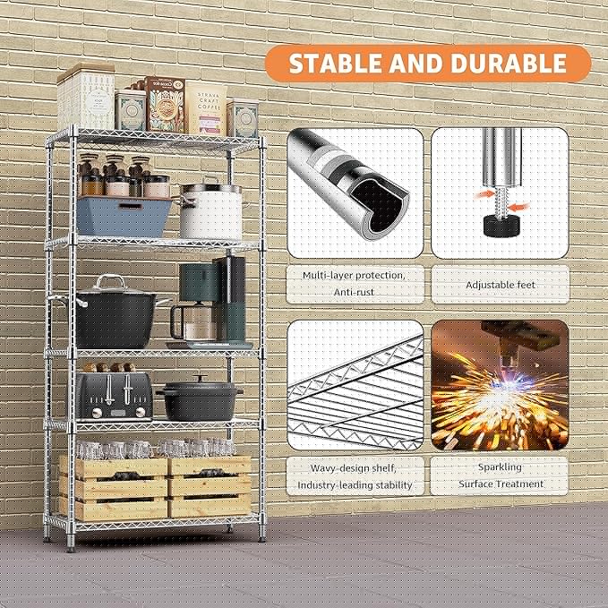 MZG 1750 lbs 5 Tier Storage Rack Metal Wire Shelving Unit, Storage Standing Household Shelf Organizer for Kitchen Pantry Closet Garage Basement Utility Room, Chrome 15.8" D x 45.3" W x 70.4" H