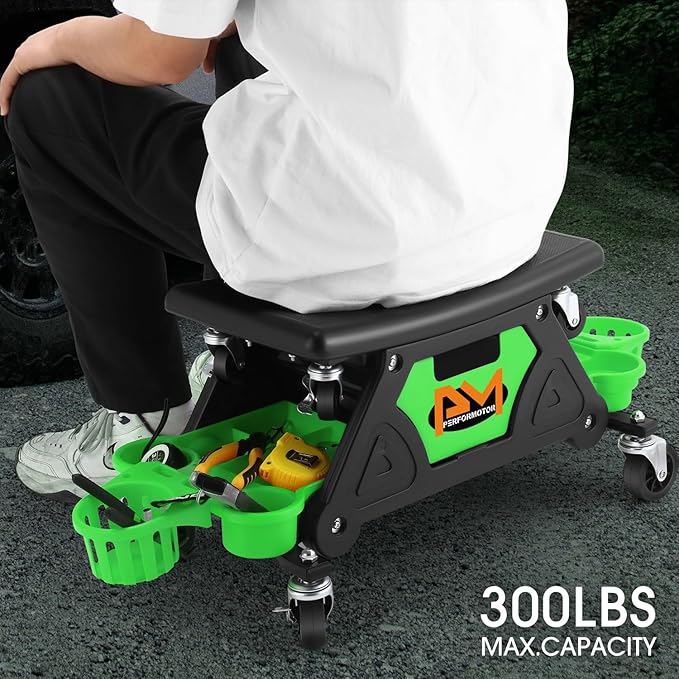PM PERFORMOTOR Mechanic Stool - 25-1/2" x 13" x 12" (L x H x W), Rolling Work Seat w/Lockable Swivel Wheels and Storage Tool Tray, Green,PM-TOL-CRS-GR