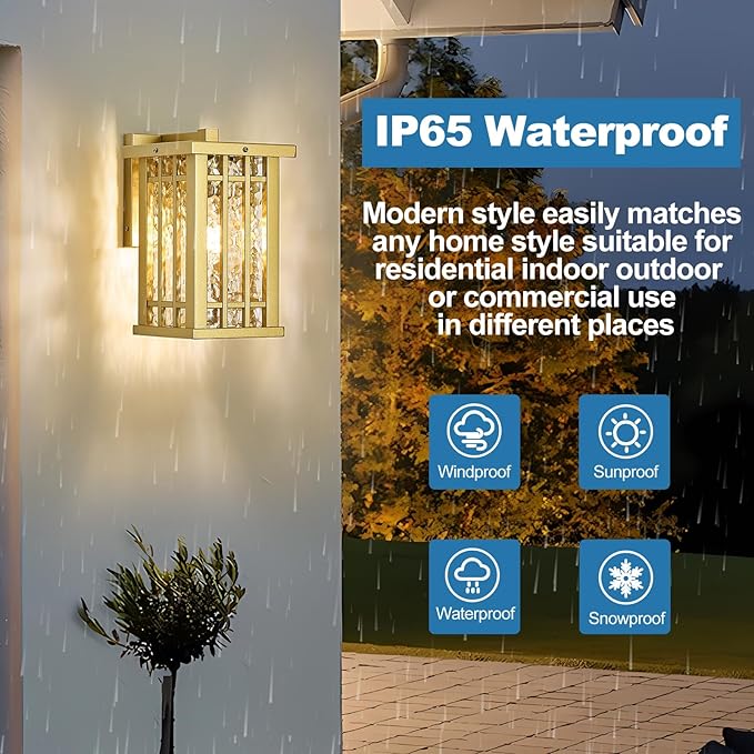 Outdoor Wall Light E26 Base Metal Frame - Gold Exterior Waterproof Lanterns with Clear Glass, Porch Wall Mount Lighting for Garage, Patio(Bulb not Included)