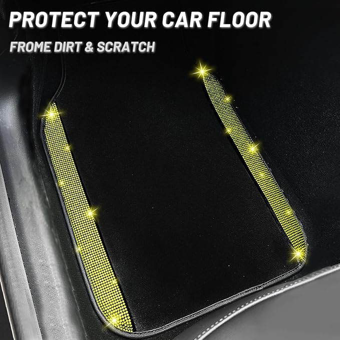 NBTEPEM Bling Car Floor Mats Full Set, Universal Fit Most Cars,SUV, Trucks, 4 pcs Sparkle Glitter Diamond Carpet for Women Girls with Anti-Slip Pad (Yellow Diamond)