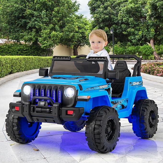 INFANS Kids Ride on Car Truck with 2.4G Remote Control, 12V Battery Powered Electric Cars for Kids w/3 Speeds, Battery Display, LED Lights, Safety Belt, Music & Horn, Bluetooth/FM/USB (Blue)