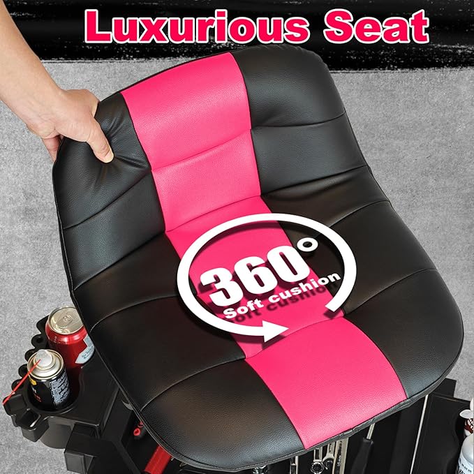 Rolling Stool with Wheels, Adjustable Height Pneumatic Garage Work Mechanic Stool Seat with Backrest, 400 LBS Capacity 360° Swivel Mechanic Crepper Chair with Tool Tray Storage, Pink
