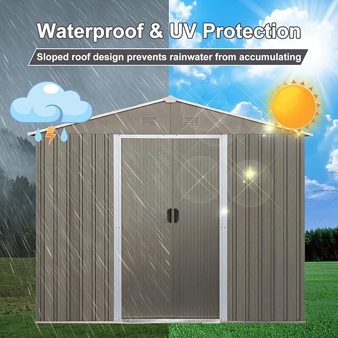 8x10 FT Outdoor Storage Shed, Metal Garden Shed with Frame Floor, Outside Tool Shed with Lockable Sliding Doors, Waterproof Storage Building with Sloped Roof for Backyard, Patio, Lawn, Gray