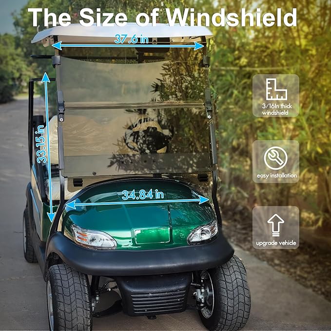 Club Car Precedent Windshield,Golf Cart Windshield for Precedent/Tempo/Onward (2004-Up)– Heavy Duty Hinges, Foldable, Anti-UV & Impact Resistant, 5MM Thick PC Material, 37.6"W X 33.2"H (tinted)