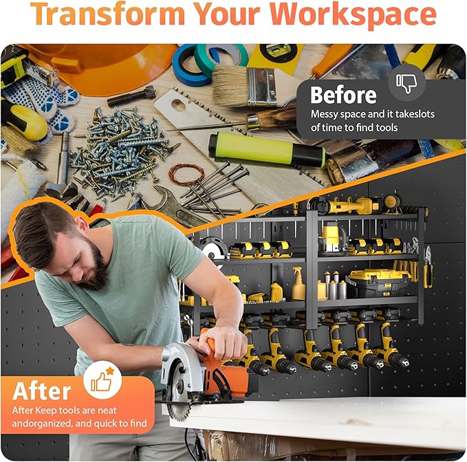 Power Tool Organizer Wall Mount, 4 Layer Drill Holder Wall Mount, Heavy Duty Metal Tool Shelf, Garage Tool Organizers and Storage Rack,Utility Storage Rack for Cordless Drill Charging Station-Black