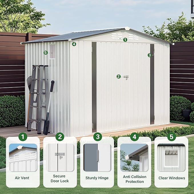 ARMSET 8x6 FT Metal Outdoor Storage Shed for Backyard, Patio, and Garden - Heavy Duty Tool Shed with Lockable Door & Side Window, Waterproof Galvanized Steel Storage Building for Bike and Tool Storage