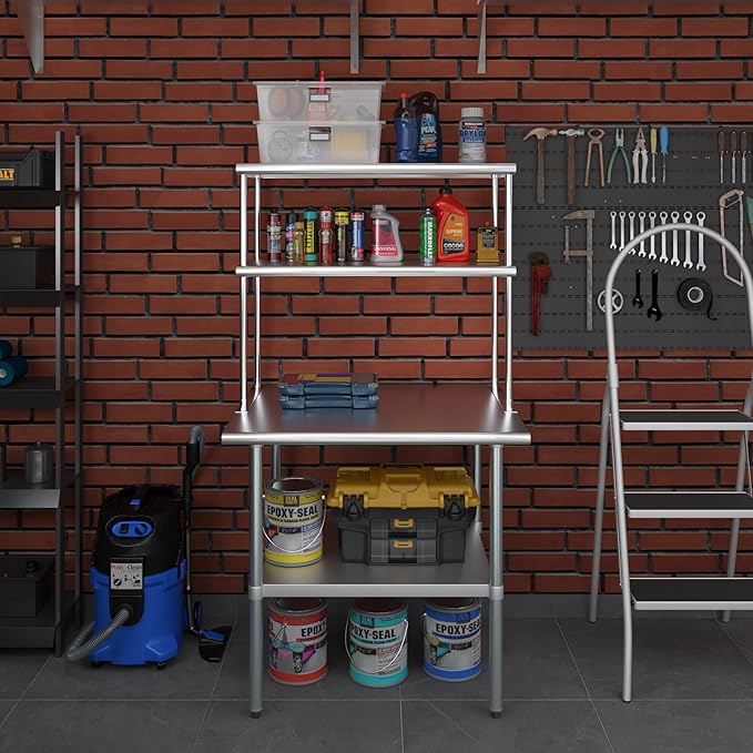Amgood Stainless Steel Work Table Double Tier Overshelf | Metal Kitchen Prep Table & Shelving Combo (30" x 36" Work Table + 18" Overshelf)