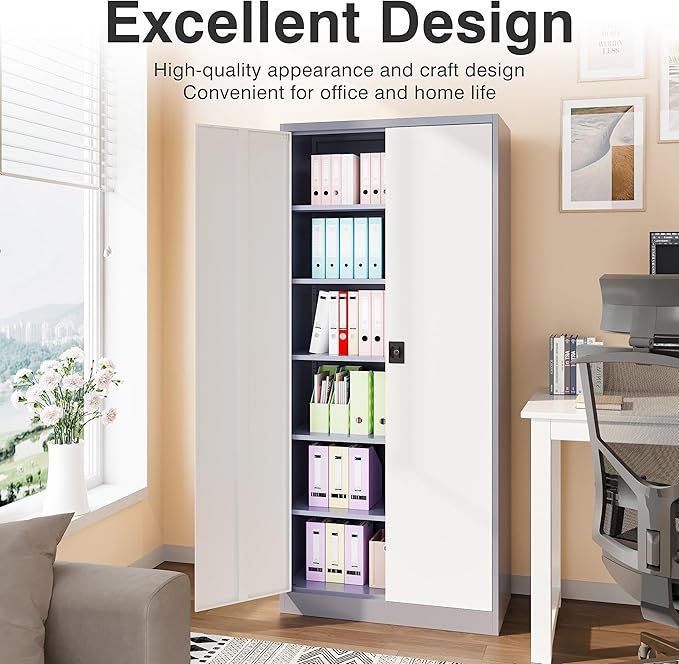 Wide & Deep Metal Storage Cabinet with 6 Shelves,72 inch Tall Garage Storage Cabinet with Lock,Gray White Metal Cabinets with Locking Doors,Large Steel Lockable Cabinets for Home,Office,Shop,Garage