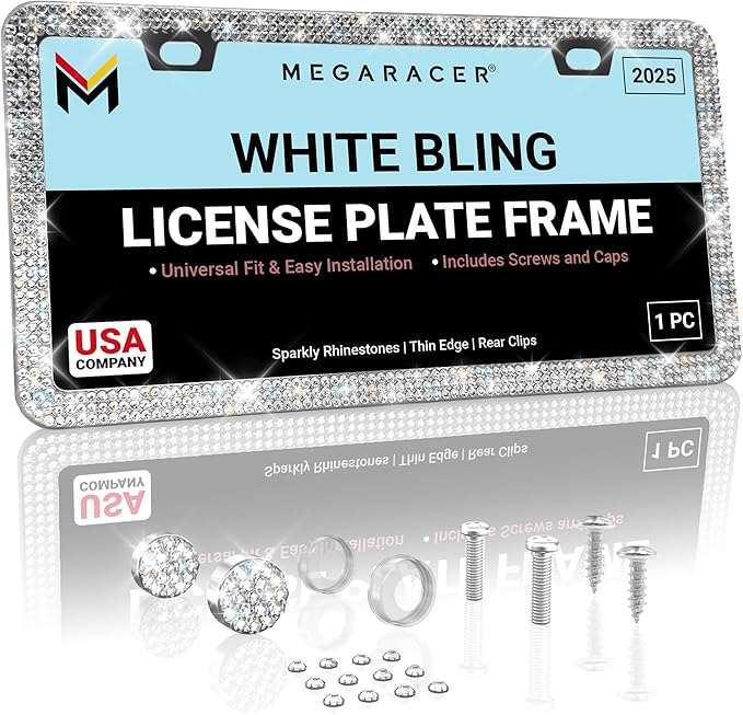 Dazzling Bling License Plate Frame for Women - 1 Pack, 800 Premium Rhinestones, Rust-Free Stainless Steel, Street Legal Slim Design, Sparkly Diamond Car Tag Holder with Glitter Crystal Screw Covers