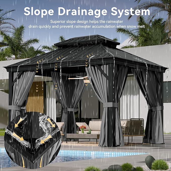 Aoxun 10' X 12' Hardtop Gazebo with Drainage System, Aluminum Outdoor Gazebo with Galvanized Steel Double Roof, Patio Permanent Metal Pavilion with Netting, for Garden, Deck, Easy Assemble