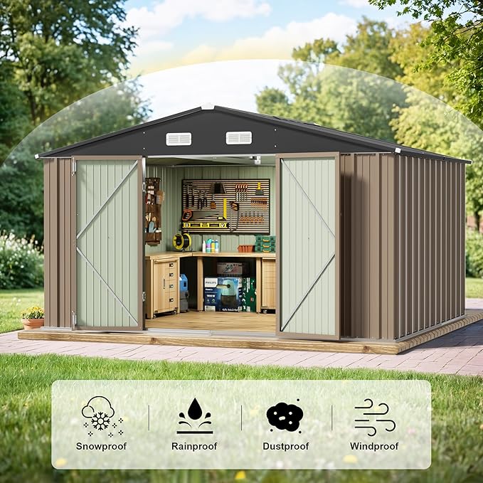 JUMMICO 10 x 10 FT Outdoor Storage Shed, Large Metal Garden Shed & Tool Sheds for Backyard Garden Patio Lawn (Brown)