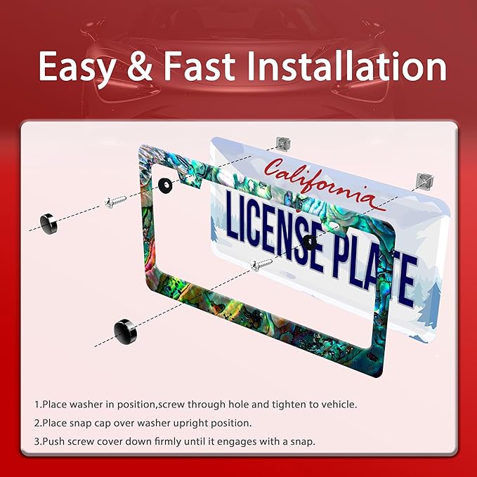 Personalized License Plate Frame Faux Abalone Stainless Steel Accessory Faux Shell License Plate Holder Funny Car Decorative 2 Holes Screws Fits Us Standard License Plates 12.2 X 6.3 in for Men Women