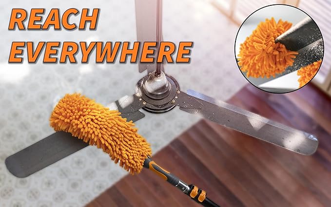 24 Feet High Reach Ceiling Dusters Set with 5-18 ft Extension Pole for Cleaning // Extendable Telescoping Long Reach Cobweb & Feather Dusters for High Ceiling // Extendable Ceiling Fan Blade Cleaner