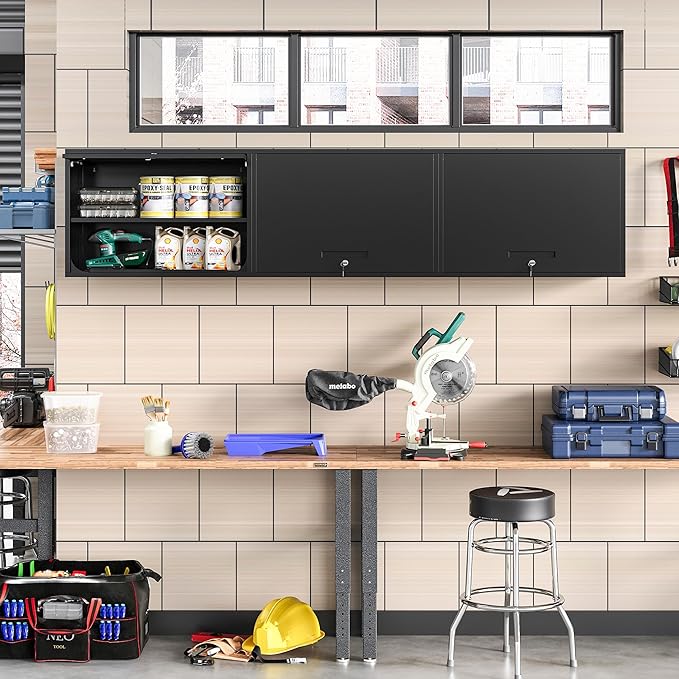 Metal Wall Cabinet with Locking Door and Shelf, Hanging Garage Cabinets with Up-Flip Doors for Garage, Warehouse, Home, Office, Assembly Required (Black, One Cabinet)
