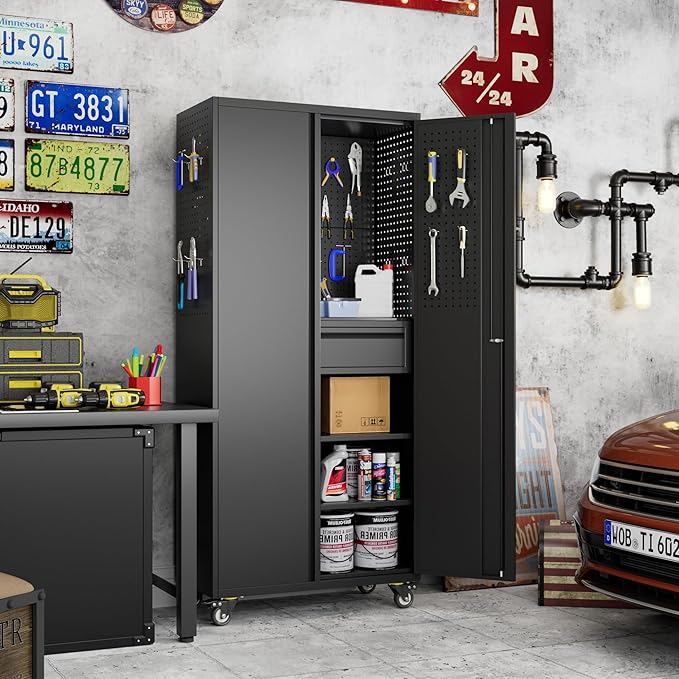 71" Metal Garage Storage Cabinet with 16 Hooks and Pegboards,1 Drawer Inside Rolling Tool Storage Cabinet with Adjustable Shelves,3 Metal Hanging Rod for Garage,Warehouse