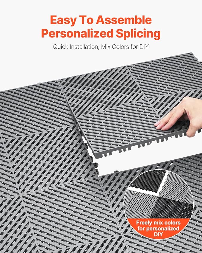 VEVOR Interlocking Drainage Mat, 15.7” x 15.7” Modular Interlocking Cushion, 24 Pcs Splicing Drainage Mats, Non-Slip Gray PP Drainage Floor Tile and Shower Mat, for Garage, Garden, Kitchen & Outdoor