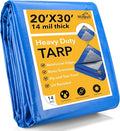 Tarp 20x30 Feet 14 Mil Heavy Duty Waterproof Tarp, Large Multipurpose Cover with Brass Grommets and Reinforced Edges, UV Resistant Thick Poly Tarps for Outdoor Camping Tent Pool Car, Blue