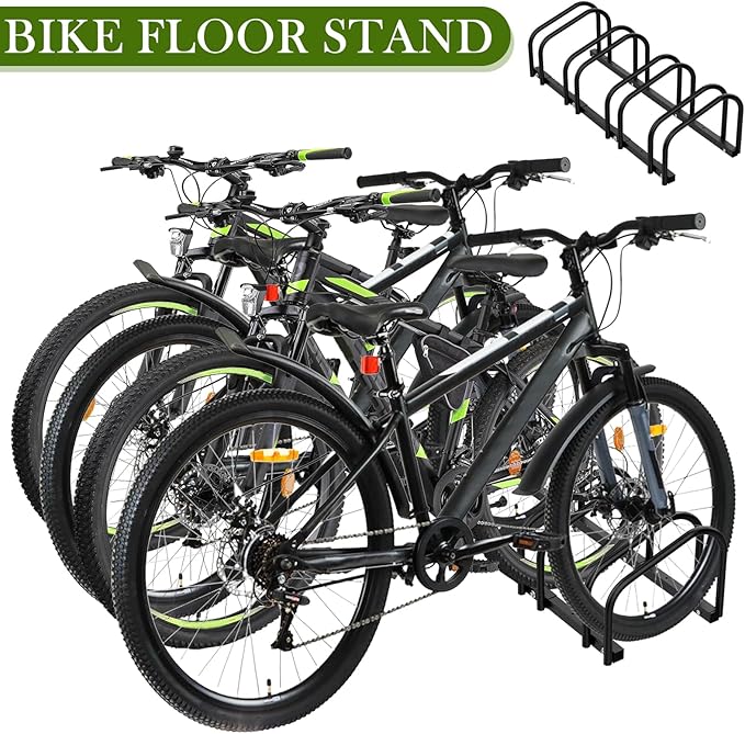 iCool Bikes Floor Bike Stand for 4 Bike, Bike Parking Rack Garage Bike Storage Indoor/Outdoor Stand, Max. Tire Width 2.15"
