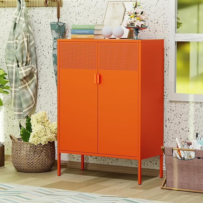 2 Mesh Door Metal Cabinet with Adjustable Shelves, Multipurpose Orange Storage Cabinet, 3-Tier,Metal Storage Cabinet for Office Home,Hallway(Orange, 47''H)