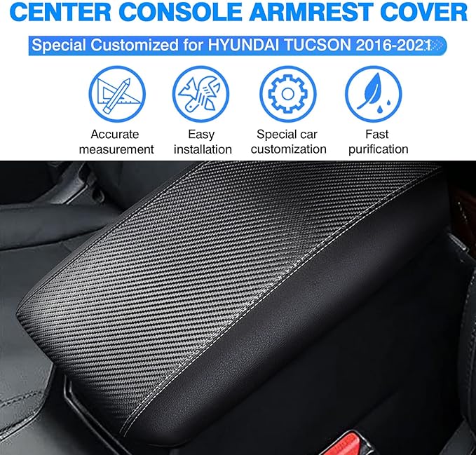 Autorder Center Console Cover for 2016-2019 2020 2021 Hyundai Tucson Accessories Carbon Fiber Armrest Cover Waterproof Anti-Scratch Center Console Armrest Protector Pad
