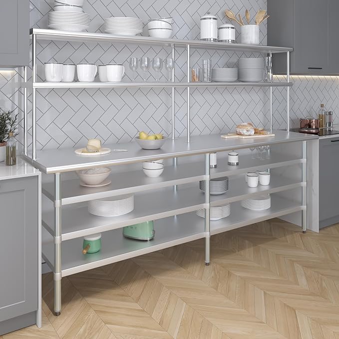 Amgood 24" x 60" Stainless Steel Work Table with 3 Shelves and 12" Wide Double Tier Overshelf | Metal Kitchen Prep Table & Shelving Combo | NSF