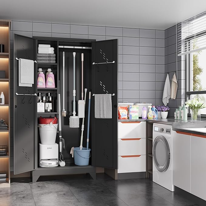 75" Metal Storage Cabinet, Tall Broom Cabinet, Garage Cabinets with Locking Doors, Black Outdoor Utility Broom Closet Storage Cabinets for Office, Bathroom, Warehouses
