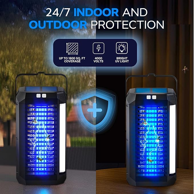 Rogue 2 in 1 Solar Bug Zapper Outdoor and Bug Zapper Indoor Plug in for Mosquito, Fly, Solar Powered & USB-C Rechargeable Camping Lantern, LED Flash Light, High Voltage, Trap Safe for Pets & Kids