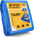 Tarp 8x10 Feet 14 Mil Heavy Duty Waterproof Tarp, Large Multipurpose Cover with Brass Grommets and Reinforced Edges, UV Resistant Thick Poly Tarps for Outdoor Camping Tent Pool Car, Blue