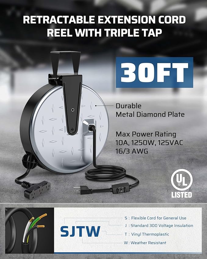 DEWENWILS Metal Extension Cord Reel,30FT Retractable Extension Cord, 16AWG/3C SJTW Power Cord, 3 Electrical Outlets, 10A Circuit Breaker, Wall or Ceiling Mountable for Workshop, Garage, UL Listed