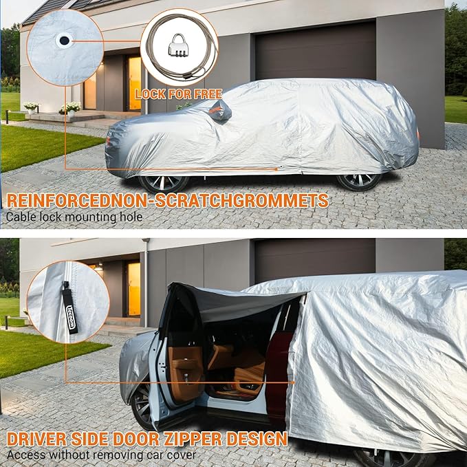Tecoom Car Cover Waterproof All Weather, Fleece Lining with Zipper Door Lock Car Covers for Automobiles, 3 Layers Full Outdoor Car Cover Wind Snow Hail UV Sun Protection Fit for SUV (191-205 Inch)